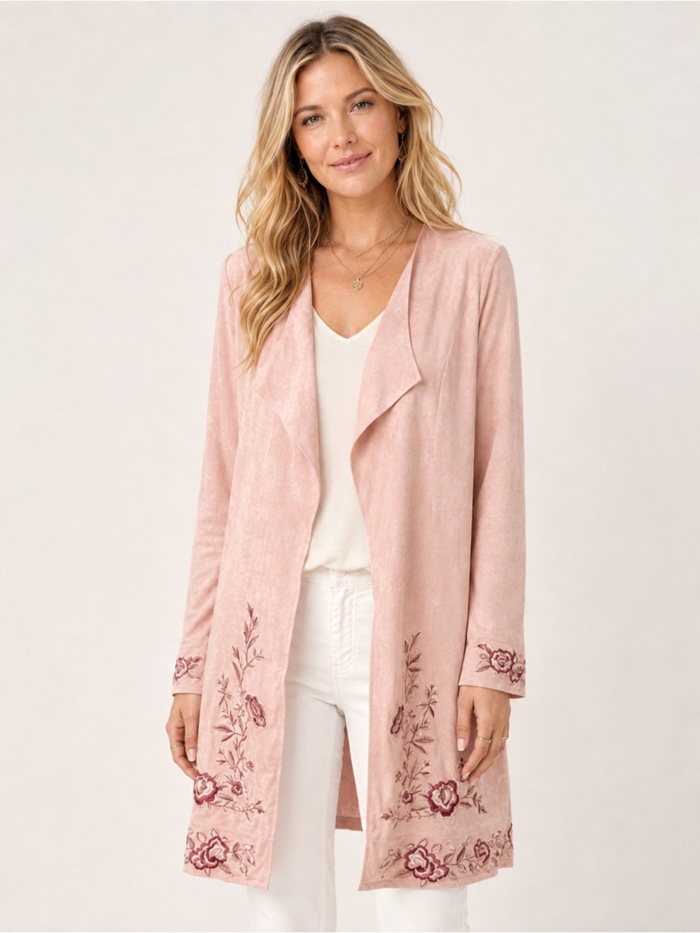 Curations Bohemian Glamour Pink Faux Suede Embroidered Topper Jacket